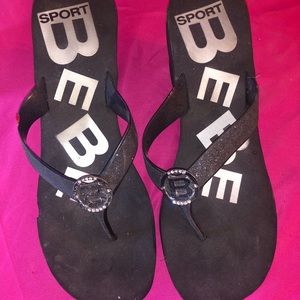 Bebe Foam Wedge Sandals with Black Glitter Strap